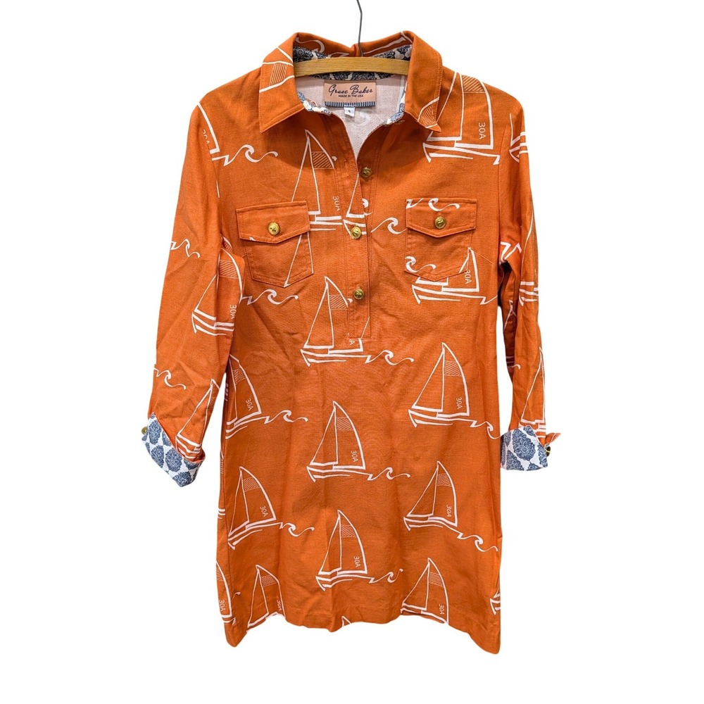 Grace Baker 30A Sailboat Tunic Dress Orange Cotton Canvas Bee Buttons- Small